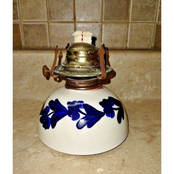 Vintage Pottery Oil Lamp Blue / White Hurricane Primitive Signed By Artist - Picture 2 of 5